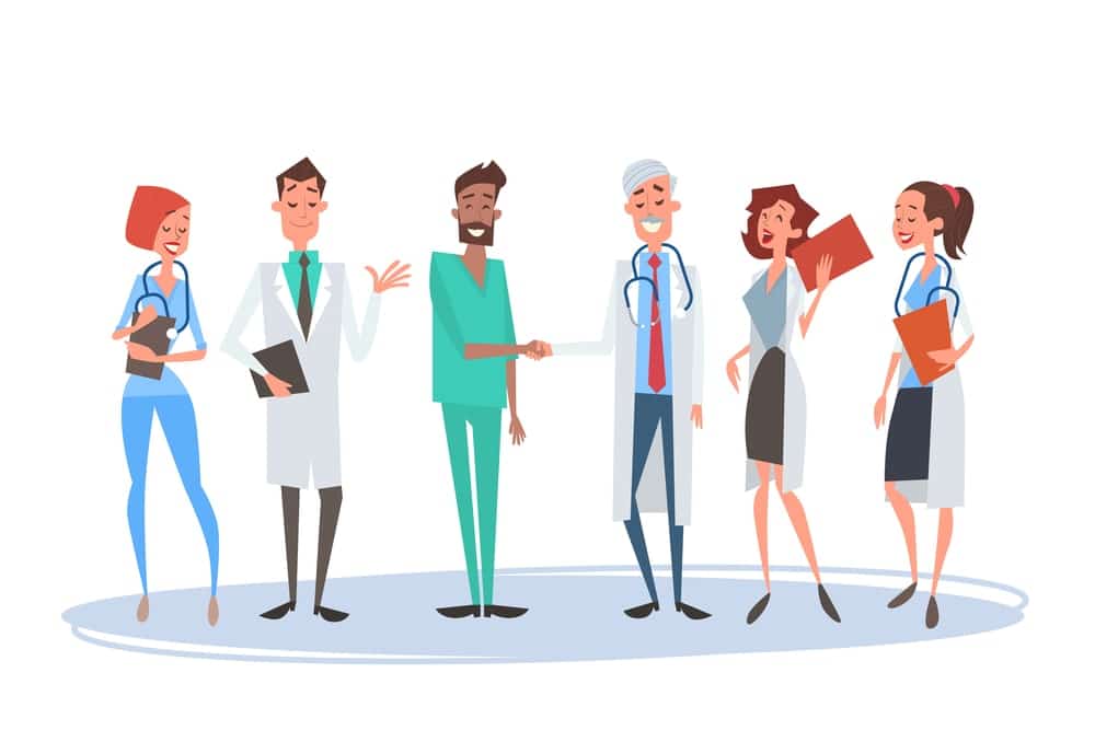 cartoon image of man shaking hands with doctors-min