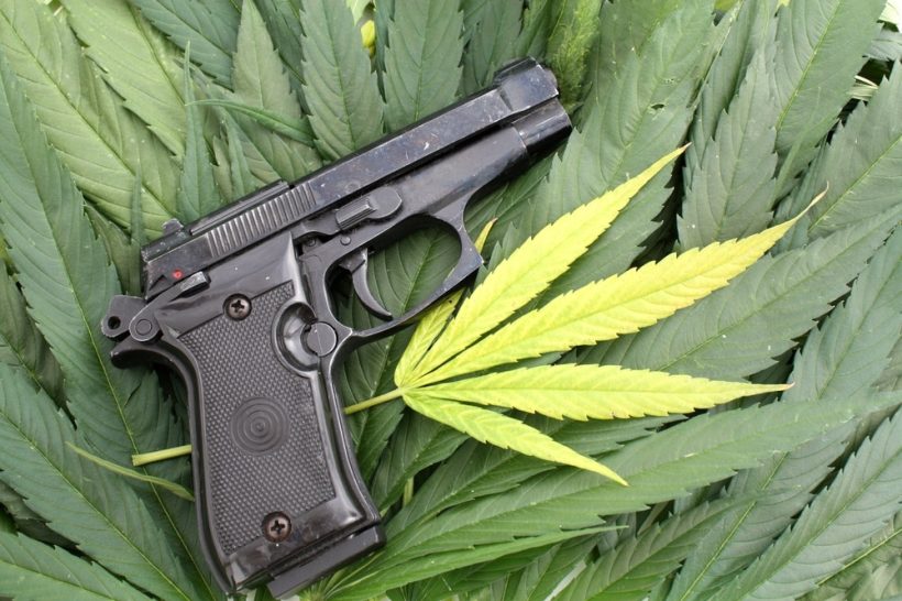 Crime illegal marijuana conceptual photo of gun and marijuana leaf