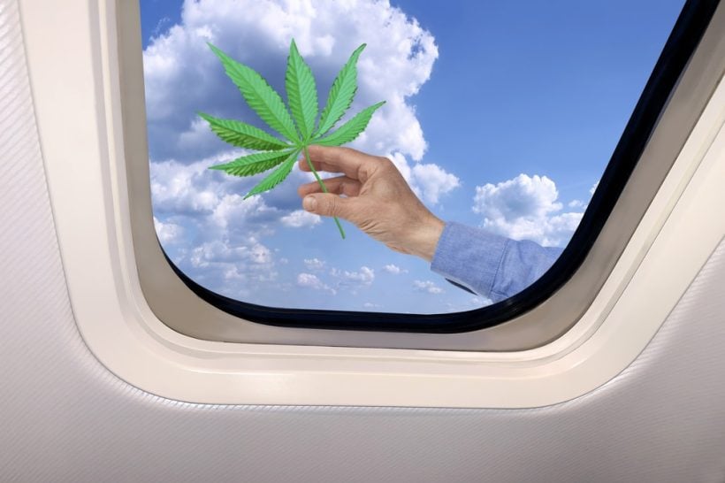 hand holding medical marijuana in a plane window.
